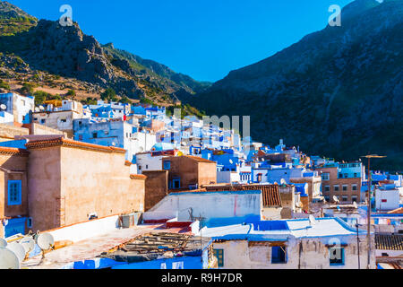Cityscape of blue city Chefchaouen in Rif mountains, Morocco in North Africa Stock Photo