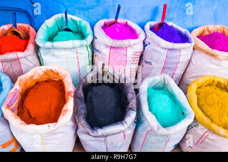 Colourful powders markets in the blue medina in Chefchaouen, Morocco in Africa Stock Photo