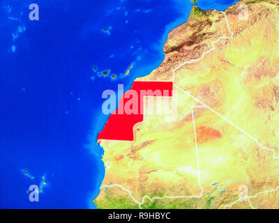 Western Sahara from space on model of planet Earth at night with ...