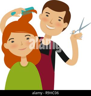 Hairstylist cutting hair. Women's haircut, beauty saloon, fashion concept. Funny cartoon vector illustration Stock Vector