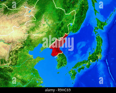 North Korea from space on model of planet Earth with country borders ...