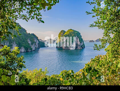 A view out across the karsts from the cave at Thein Son on Halong Bay November 2018 Stock Photo