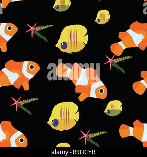 clown fish and starfish chaetodon seamless pattern Stock Vector