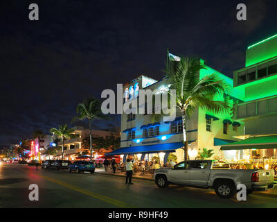 Miami Beach, Florida 12-19-2018 The Miami Beach Art Deco District and Ocean Drive at night. Stock Photo