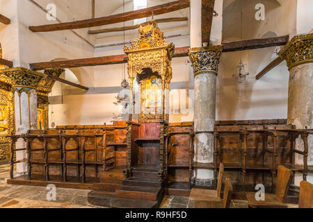 Priest's chair, Interior of Church,  Berat Castle Old Town Orthodox Church Albania Stock Photo