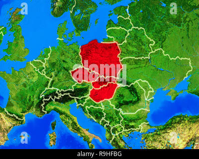 Visegrad Group from space on model of planet Earth with country borders and very detailed planet surface. 3D illustration. Elements of this image furn Stock Photo
