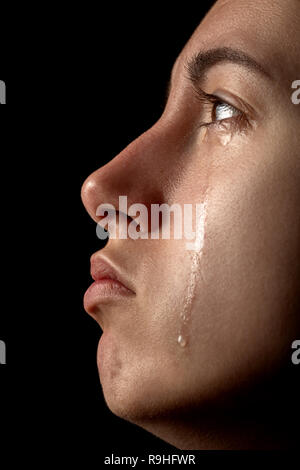 sad woman crying, looking aside on black background, closeup portrait,  profile view, monochrome Stock Photo - Alamy