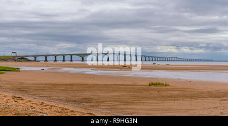 P.E.I. and New Brunswick Confederation Bridge.  Wide and long angle view of the inter provincial bridge on an muggy, overcast summer day in August. Stock Photo