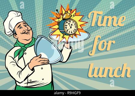 clock. time for lunch. chef with tray with lid Stock Vector