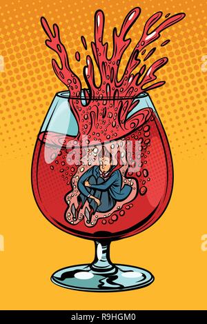 drunkard wine, man in a glass of alcohol Stock Vector