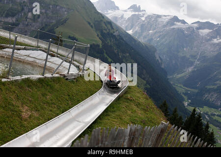 Mother and son sliding down an alpine coaster on vacation laughing. Stock Photo