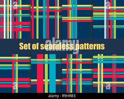 Set of seamless patterns with lines. Christmas colors wrapping paper for gift. Vector illustration Stock Vector