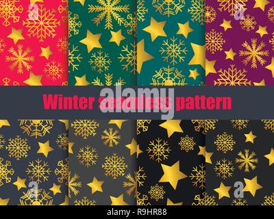 Snowflakes and stars set of seamless patterns with a golden gradient. Collection of winter backgrounds. Bokeh effect. Vector illustration Stock Vector