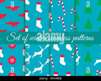 Christmas seamless pattern set with candy canes, christmas socks, gift boxes and fir tree. Santa Claus is flying in an airplane. Vector illustration Stock Vector
