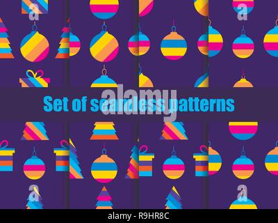 Christmas set of seamless pattern with colored Christmas balls. Greeting card with hanging striped balls. Vector illustration Stock Vector