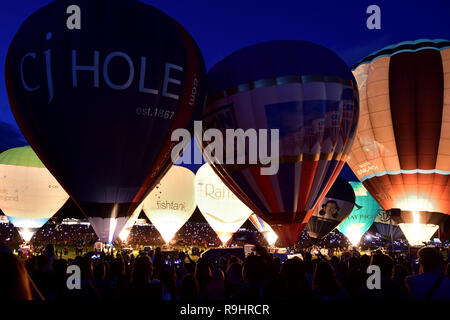 View of hot air balloons during the nightglow at the Bristol international ballon fiesta Stock Photo
