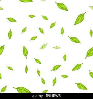 Seamless pattern of green leaves doodle. Vector illustration on white background. Stock Vector