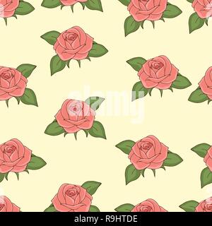 Pink roses seamless pattern, hand drawing, vector illustration