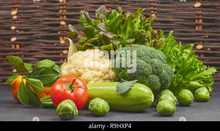 set of vegetables. fresh colorful organic vegetables in rustic style, horizontal close-up view. natural products from the garden. Stock Photo