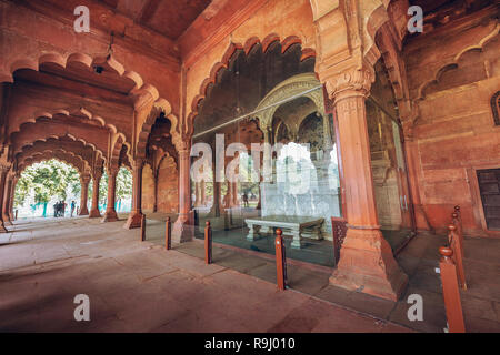 Medieval Mughal throne in glass casing at Red Fort Delhi India Diwan-i-Aam also known as the hall of public audience. Stock Photo