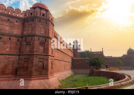 Red Fort Delhi India historic monument exterior architectural structure at sunrise. Stock Photo