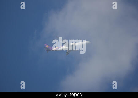 Chiangmai, Thailand - December 16 2018: HS-TET Airbus A330-300 of Thai Airways. In Flight Chiang mai to Bangkok. Stock Photo