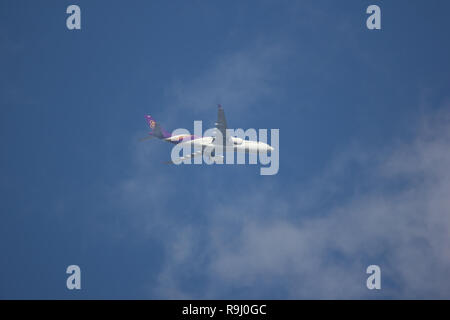 Chiangmai, Thailand - December 16 2018: HS-TET Airbus A330-300 of Thai Airways. In Flight Chiang mai to Bangkok. Stock Photo