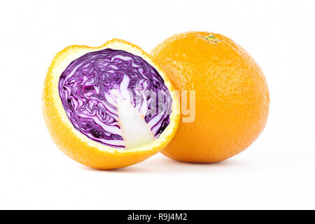 Creative photo manipulation of sliced orange with red cabbage inside isolated on white background Stock Photo