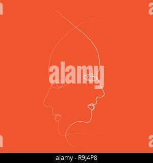 Two people silhouettes drawn with one line. Simple vector illustration. Separate on a colored background. Stock Vector