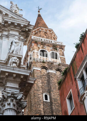 VENICE, ITALY, NOV 1st 2018: Old beautiful tower near church di San Moise. Ancient baroque venetian or italian exterior architecture. Nobody