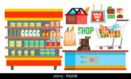 Shopping Mall Supermarket Vector. Shopping Bags, Interior, Products. Seasonal Sale At Store. Cashbox. Isolated Flat Cartoon Illustration Stock Vector