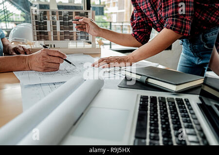 Architect Engineer Design Working on Blueprint Planning Concept. Construction Concept Stock Photo