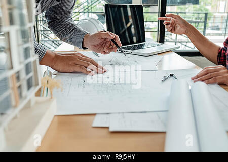 Architect Engineer Design Working on Blueprint Planning Concept. Construction Concept Stock Photo