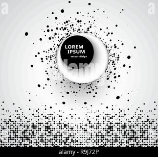 Abstract business background with 3D circular halftone design circle of black dots on a circle with a big black 3D round button and shadow. Stock Vector