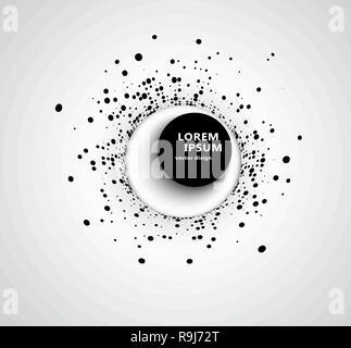 Abstract business background with 3D circular halftone design circle of black dots on a circle with a big black 3D round button and shadow. Stock Vector