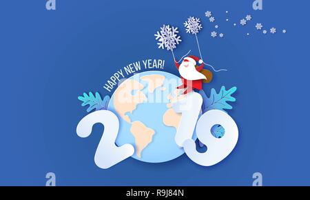 New Year design card. Santa Claus and funny pig Flying with snowflakes over globe Earth on blue background. Vector paper art illustration for promotion banners, headers, posters, stickers Stock Vector