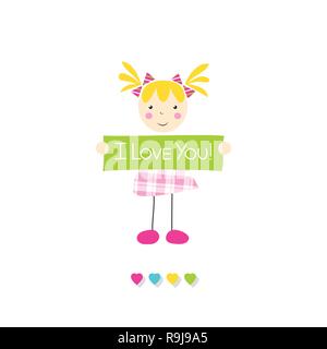 little blonde girl in pink plaid dress holding I love you sign with hearts on white background Stock Vector