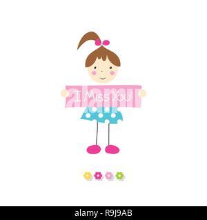 little brown haired girl in blue polka dot dress holding I miss you sign with flowers on white background Stock Vector