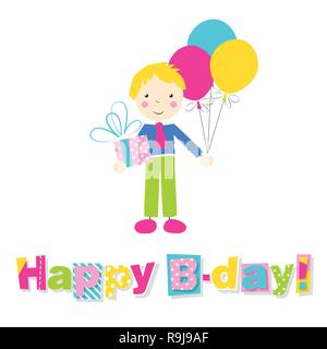 little blonde boy in blue and green outfit holding a present and balloons with letters happy birthday on white background Stock Vector