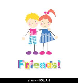 little red haired girl in a blue dress and blonde boy in pink and blue outfit holding arms around each other with letters friends on white background Stock Vector