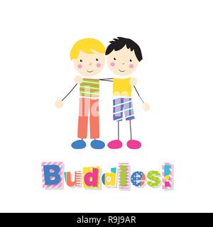 little blonde boy in a green and orange and black haired boy in yellow and blue outfit holding arms around each other with letters buddies on white ba Stock Vector