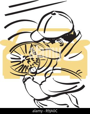 illustration of a mechanic at work in a car repair shop Stock Vector