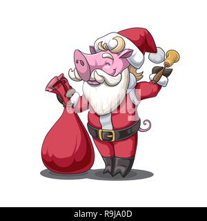 Chinese New Year of the Pig 2019. Vector illustration of cartoon style boar character in Santa Claus suit with bell and big red gift bag Stock Vector