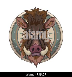 Hunting trophy. Vector illustration of cartoon style wild boar head on the shield isolated on white background for your graphic and web design Stock Vector