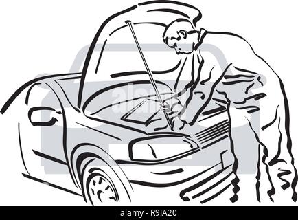 illustration of a mechanic at work in a car repair shop Stock Vector