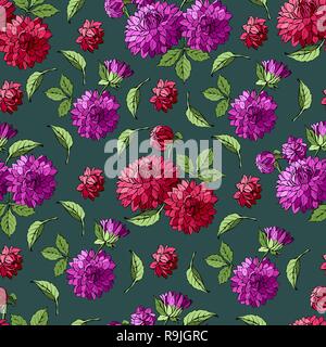 Colorful bright hand drawn seamless pattern with bouquets dahlias garden flowers. vector illustration Stock Vector