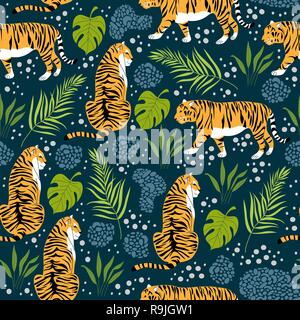 Seamless pattern with tigers and tropical leaves. Trendy style. Vector illustration Stock Vector