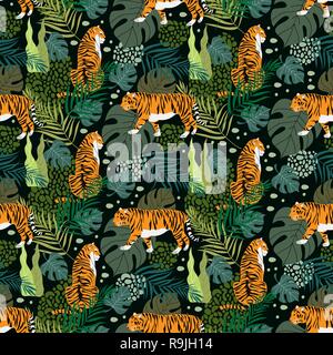 Seamless pattern with tigers and tropical leaves. Trendy style. Hand draw Vector illustration Stock Vector