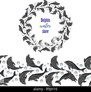 Set with frame of dolphins and seamless brush with them isolated on white background , vector illustration Stock Vector