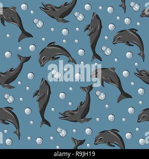 Seamless pattern with dolphins and bubbles ,Vector illustration Stock Vector